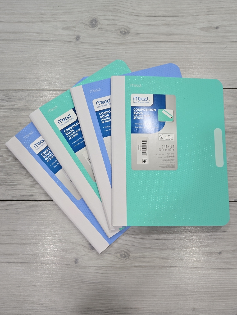 4 Mead Composition Notebook College Ruled - Mint & Light Blue